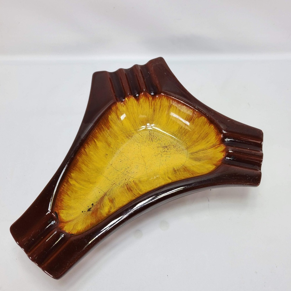 Vintage Ashtray Mid-Century Modern Brown Yellow Drip‎ Glaze Ceramic Retro MCM 9"